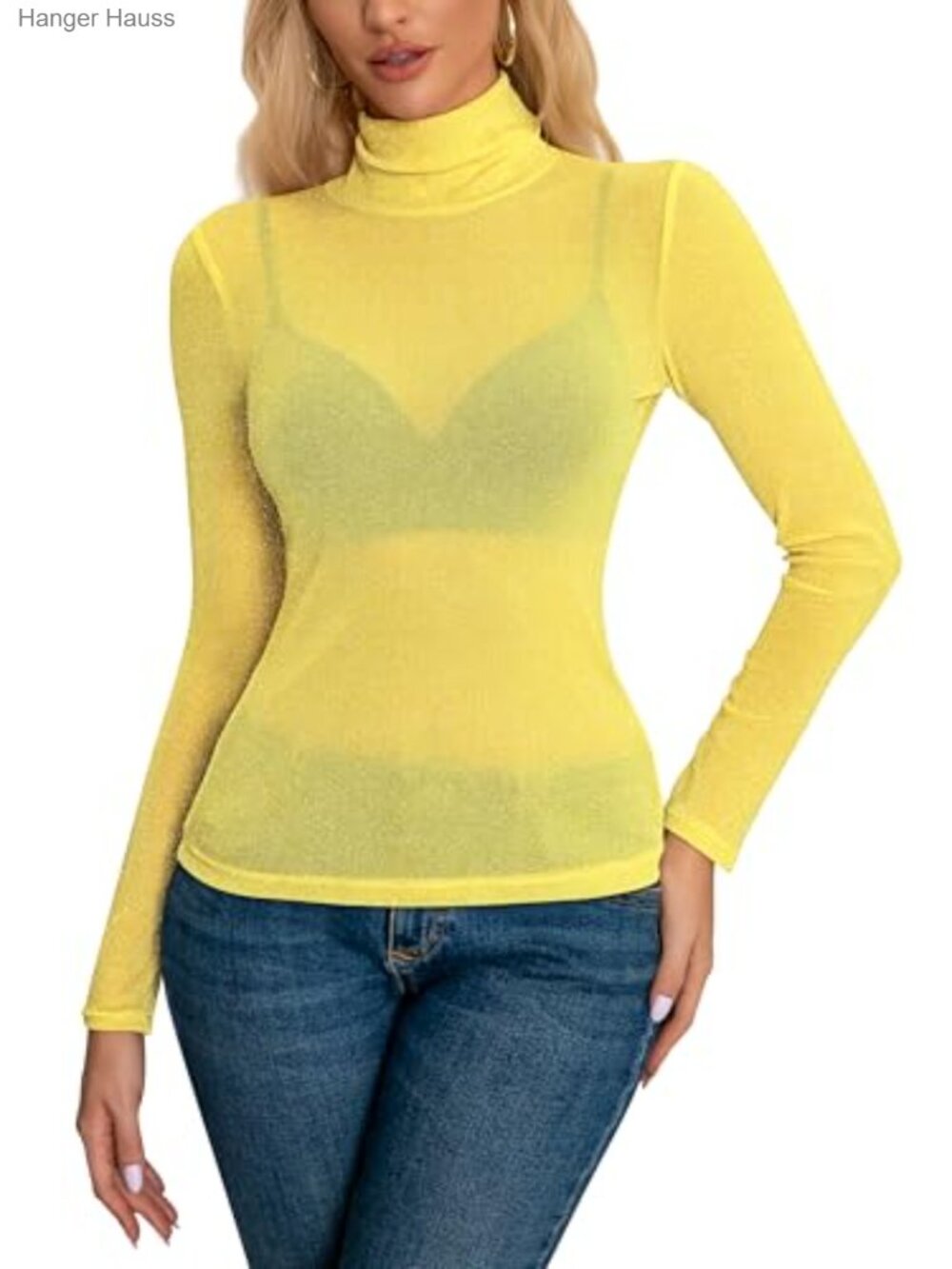 Sheer Mesh Glitter Long Sleeve Turtleneck Slim Fit Layering Top